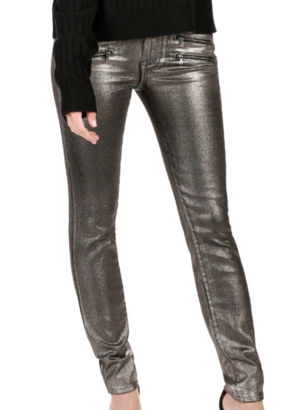NWOT PAIGE.x ROSIE HW CHAMPAGNE STEVIE METALLIC COATED SKINNY JEANS SZ 28